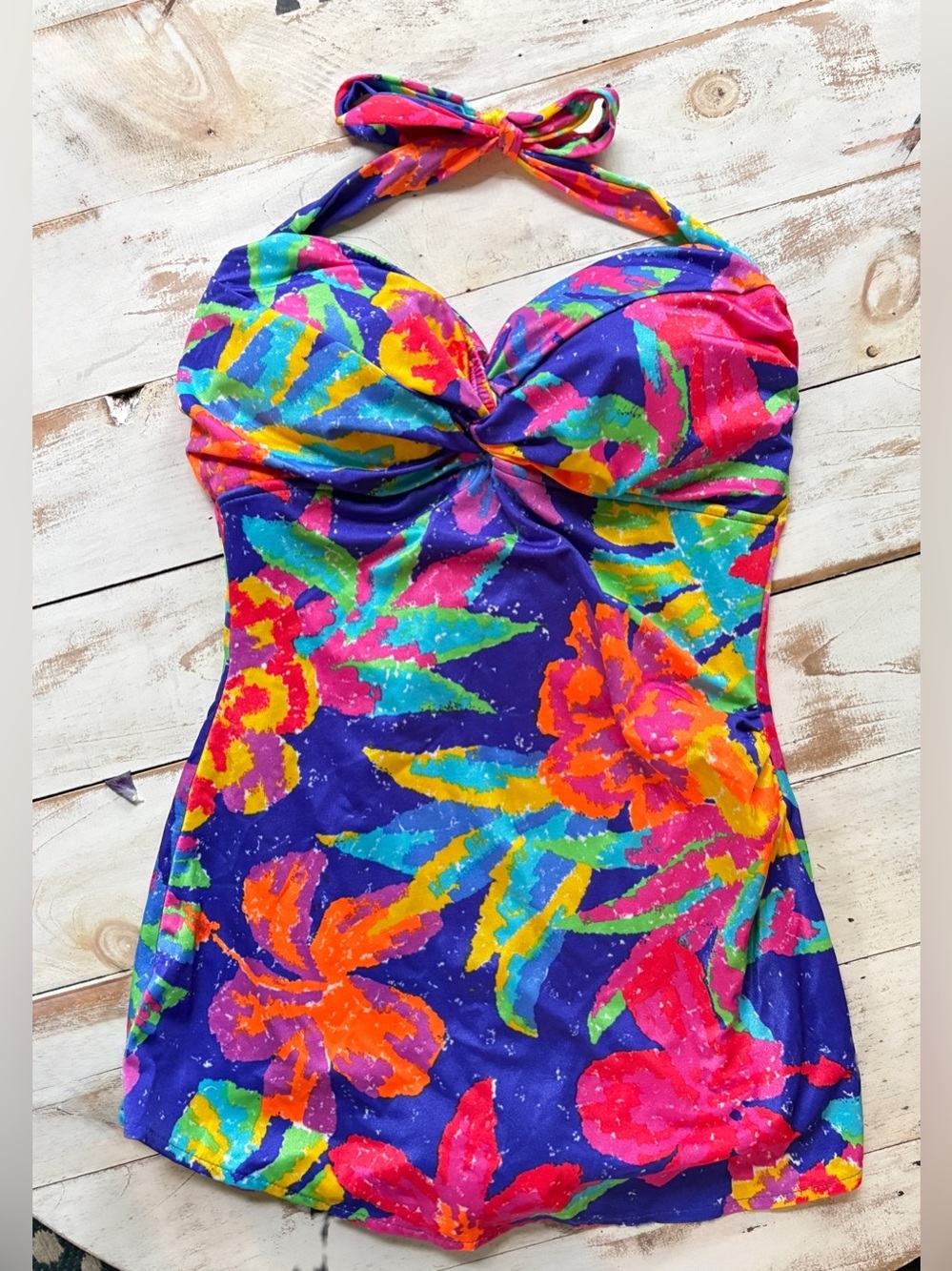 Vintage 90s E-Stewart neon tropical one piece swimsuit halter swimsuit sz 16 EUC